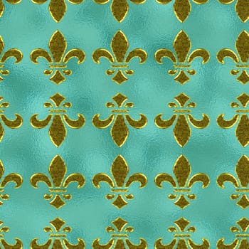 Royal Lily Fleur de Lis Seamless Pattern. Classical French golden turquoise blue seamless pattern with a repeat motif of fleur-de-lis in square format. Wallpaper or fabric design. illustration