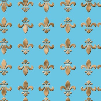 seamless golden lily fleur-de-lis pattern on turquoise blue background. Luxury design, print, poster, wallpaper, gift wrapping. 3D illustration