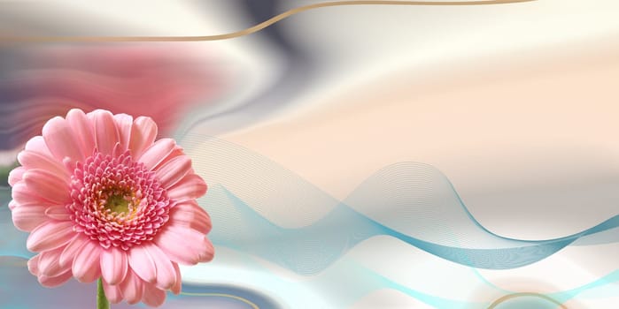 Beautiful pink flowers on pastel abstract background. spring summer gerbera flower in gold frame. Beautiful design for 8th March international Womens day. Mock up. Place for text