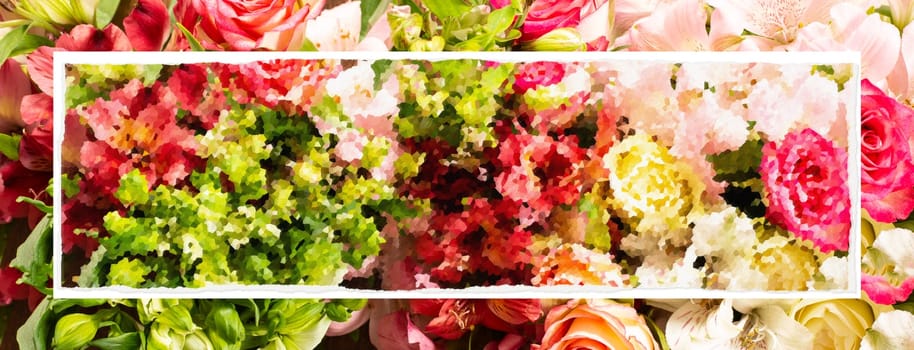 Flower border in bright yellow red colours. Alstroemeria, rose flowers. Flat lay top view, copy space