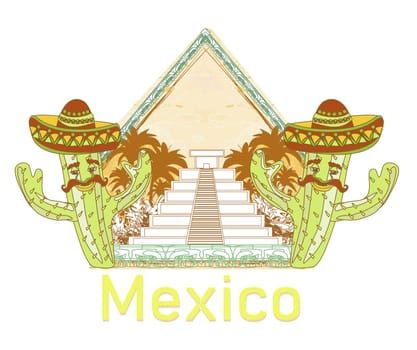 Mayan Pyramid, Chichen-Itza, Mexico and funny cactus in sombrero
