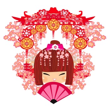 Abstract decorative card with cute Asian girl