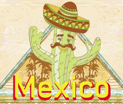 funny cactus with a sombrero - grunge card