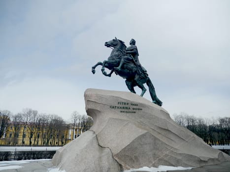 St. Petersburg, Russia, March 4, 2021. Emperor Peter the Great on horseback or Bronze Horseman  monument, on the background of the winter sky