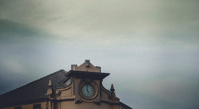 Outdoor analog clock on historical Buildings for city construction. Set of elements to create urban background, village and town landscape.Timeless concept idea with copyspace