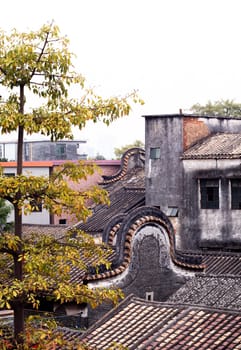 Shawan ancient town traditional roof called Wok handle-shaped roofs in Guangzhou . The Lingnan style curved roofs in old town .traditional architecture .