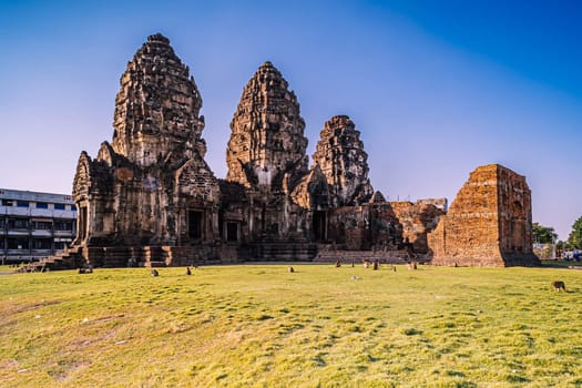 Lopburi Monkey Temple in Thailand. Phra Prang Sam Yot temple with monkey, ancient architecture in Lopburi, Thailand.