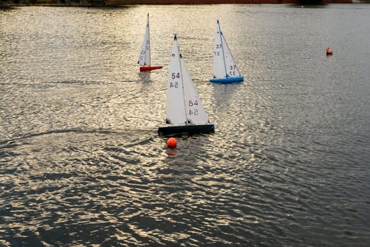 miniature sail boats racing in sea pond at touristic sea village .