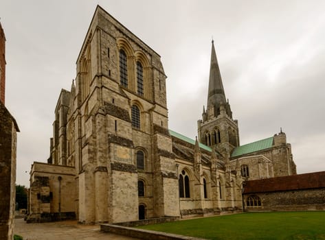 view from south west of famous medieval church in historic town, Chichester, West Sussex.