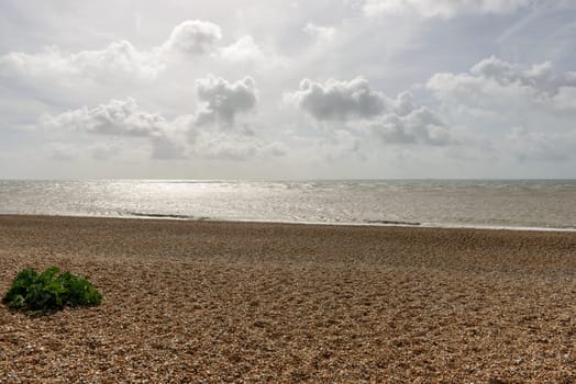 view of the sea and the shingle beach at Dungedness,  Romney Marsh, Kent.