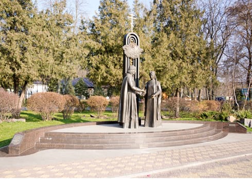 Rostov-on-Don,Russia-November 17,2013:Monument to prince Pyotr and princess Fevronia of Murom- wonder-workers (13th century)
