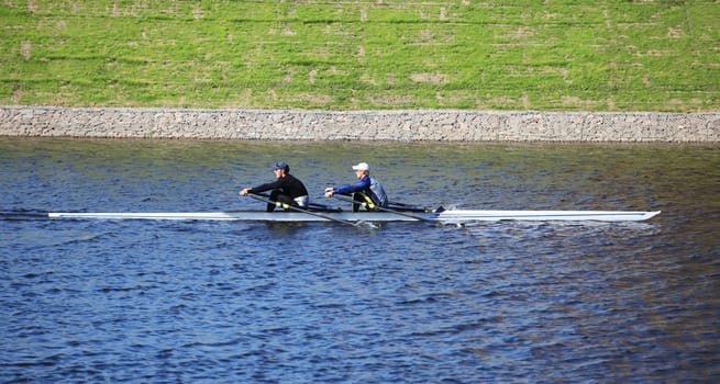 St. Petersburg, Russia, 11 july, 2020. sport rowing, kayak deuce on the rowing channel in motion