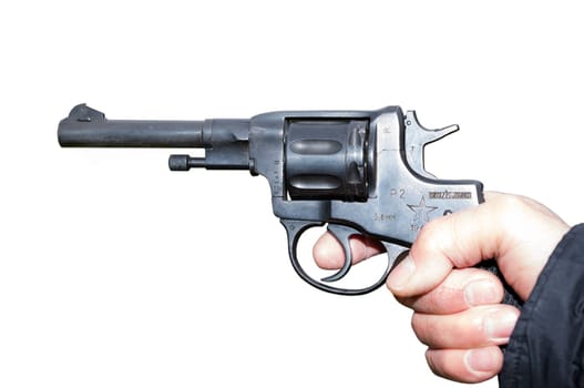 Pistol Nagant revolver in hand gangster- is isolated on the white