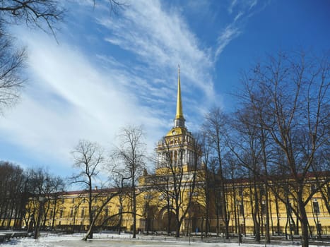 St. Petersburg, Russia, March 4, 2021.Admiralty building, the main entrance is decorated with a tower with columns and a golden spire with a weather vane