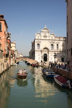 View of the streets of Venice with gondolas. Italy