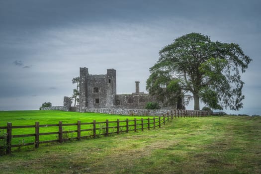 Pasture fence leading to old ruined Bective Abbey from 12th century with large green tree and field, dark sky in the background, County Meath, Ireland