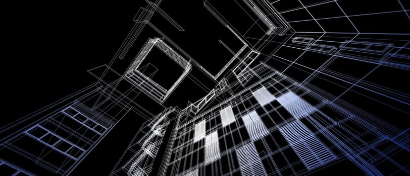 Architecture building space design concept 3d perspective gradient color wire frame rendering black background. For abstract background or wallpaper desktops computer technology design architectural theme.