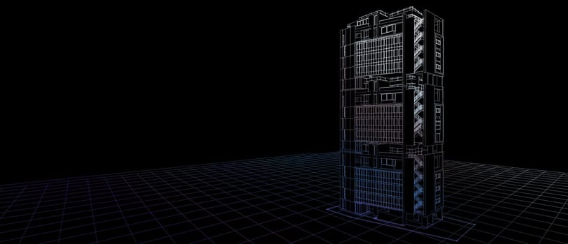 Architecture exterior facade design concept 3d building perspective color wire frame rendering black background. For abstract background or wallpaper desktops computer technology design architectural theme.