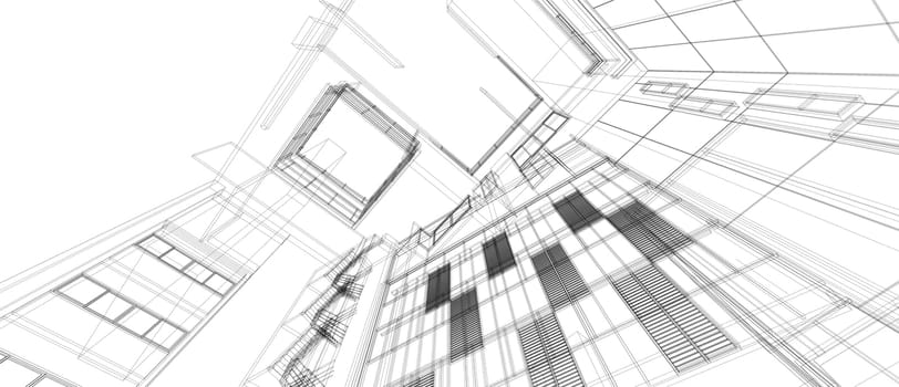 Architecture building space design concept 3d perspective wire frame rendering isolated white background. For abstract background or wallpaper desktops computer technology design architectural theme.
