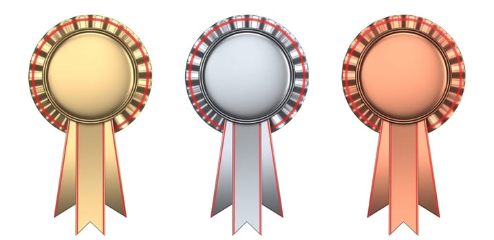 Golden, silver and bronze medals 3D rendering illustration isolated on white background