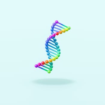 Colorful DNA Chain Isolated on Flat Blue Background with Shadow 3D Illustration