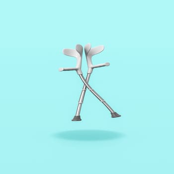 Pair of Crutches Isolated on Flat Blue Background with Shadow 3D Illustration
