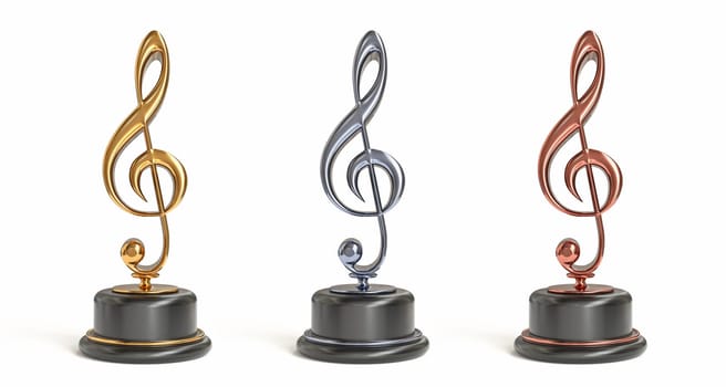 Gold, silver and bronze music awards 3D rendering illustration isolated on white background