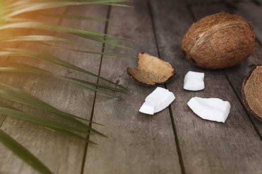 Broken coconuts on gray wooden background with palm leaf. White coconut pulp. High quality photo