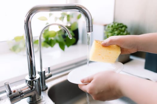 Woman hands washing white plate with sponge and soap in kitchen in sink under running water. High quality photo