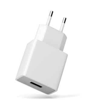 Smartphone, tablet or other electronic device charger with USB port on white background