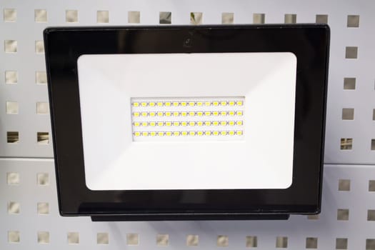 LED projector light. Black LED lamp for street or industrial place. Close up