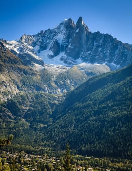 Scenic view of Aiguille du Dru (the Dru) and the Chamonix Valley in French Alps