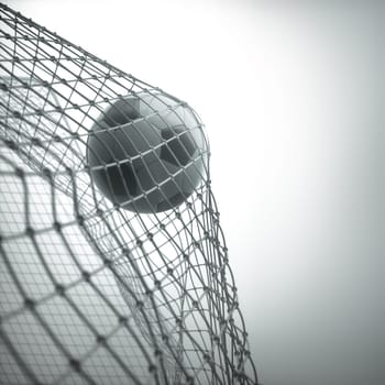 Soccer ball, scoring the goal and moving the net. 3D illustration, on white background.