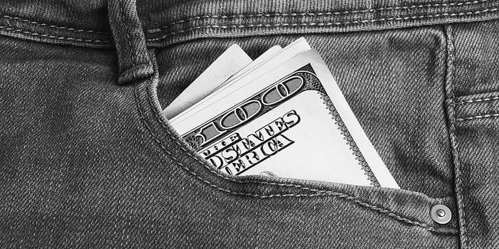 The hundred-dollar bills are folded in half in the back pocket of his gray jeans. Close-up of the entire image. Color full-frame image.