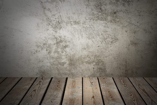 Wooden decking table on a grey grunge background. Place for an item, logo, or label. Layout, mockup.