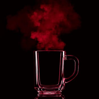 Just a glass on a black background with a reflection. Red color, with steam. Isolated.