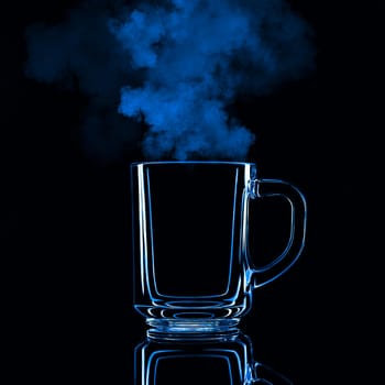 Just a glass on a black background with a reflection. Blue color, with steam. Isolated.