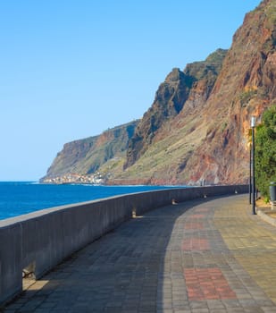 Empty promanade at Jardim Do Mar village. Madeira island, Portugal