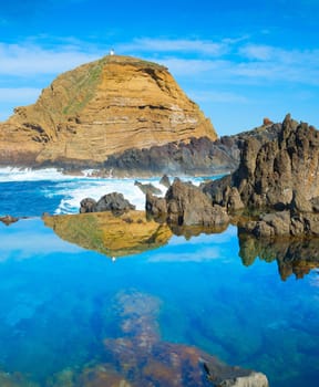Bathes in natural lava ocean pools. Lava pools are the main attraction of Madeira.