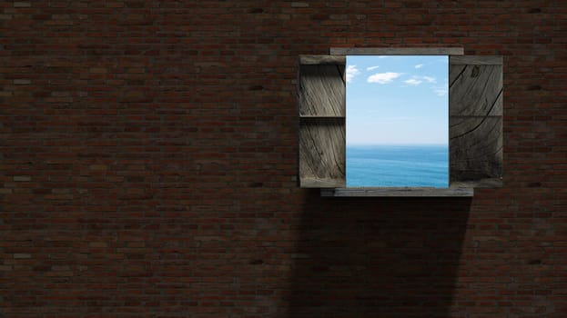 The 3d rendering of brick make wall with wood windows and nice view