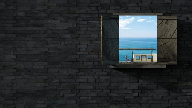 The 3d rendering of brick make wall with wood windows and nice view
