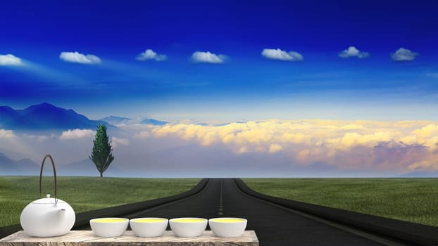 The 3d rendering of cup of hot tea is laid on a wooden floor with nice background