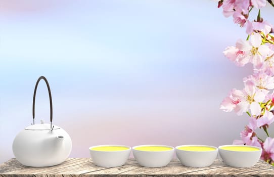 The 3d rendering of cup of hot tea is laid on a wooden floor with nice background