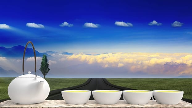 The 3d rendering of cup of hot tea is laid on a wooden floor with nice background