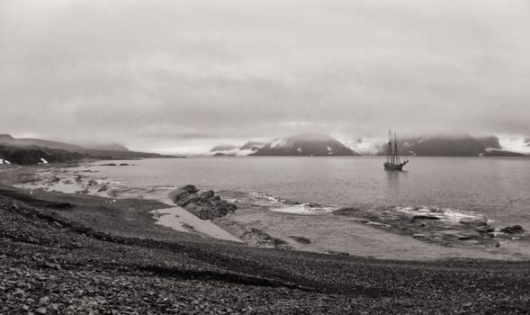Sailing ship in Hornsund, Spitsbergen coast