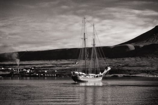 Sailing ship off Barentsburg in Grønfjord, Svalbard
