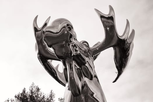 Giant moose made of polished steel, Østerdalen, Norway, Bjøråa rest area at road 3
