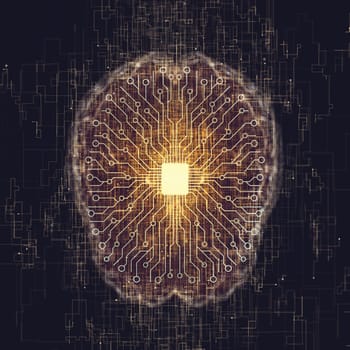 Artificial intelligence, electric pulses coming out of the microchip, forming a brain with lines of connections.