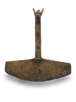 Madrid, Spain - Jul 11th, 2020: Ceremonial knife or Tumi, ornamented with llama head. Inca Culture. Late Period, 1400 AC. Museum of the Americas, Madrid, Spain