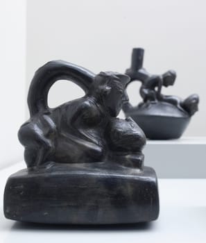 Madrid, Spain - Jul 11th, 2020: Chimu vessel depicting a sexual scene. Heterosexual relationship. 1100 AC. Museum of the Americas, Madrid, Spain